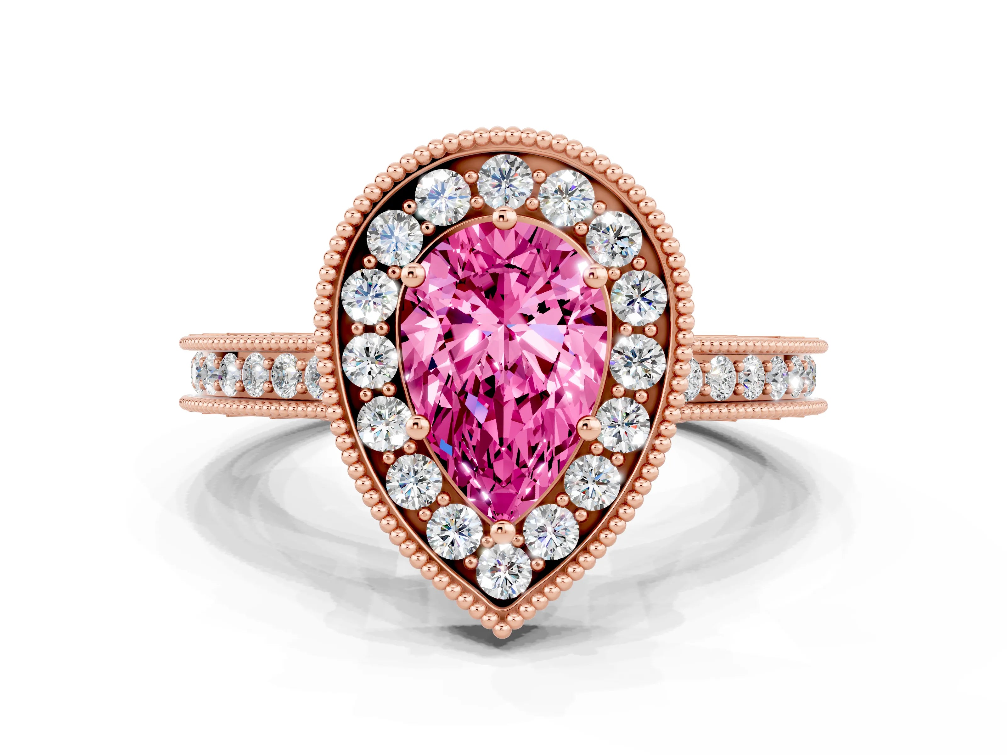 Rose gold Pear Cut Halo Diamond Engagement Ring with Milgrain Pave Band and Four-Prong Setting