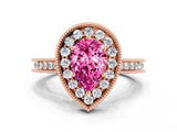 Rose gold Pear Cut Halo Diamond Engagement Ring with Milgrain Pave Band and Four-Prong Setting