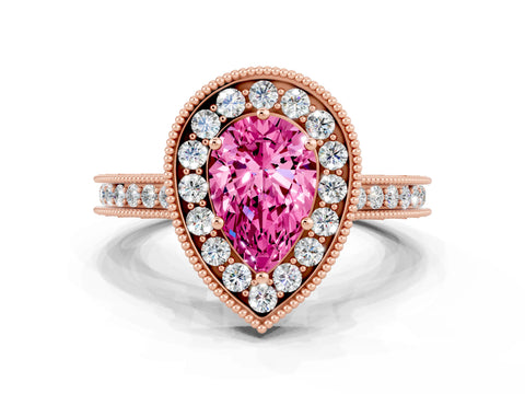 Rose gold Pear Cut Halo Diamond Engagement Ring with Milgrain Pave Band and Four-Prong Setting