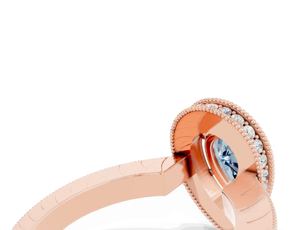 Rose gold Pear Cut Halo Diamond Engagement Ring with Milgrain Pave Band and Four-Prong Setting