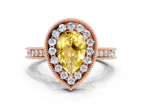 Rose gold Pear Cut Halo Diamond Engagement Ring with Milgrain Pave Band and Four-Prong Setting