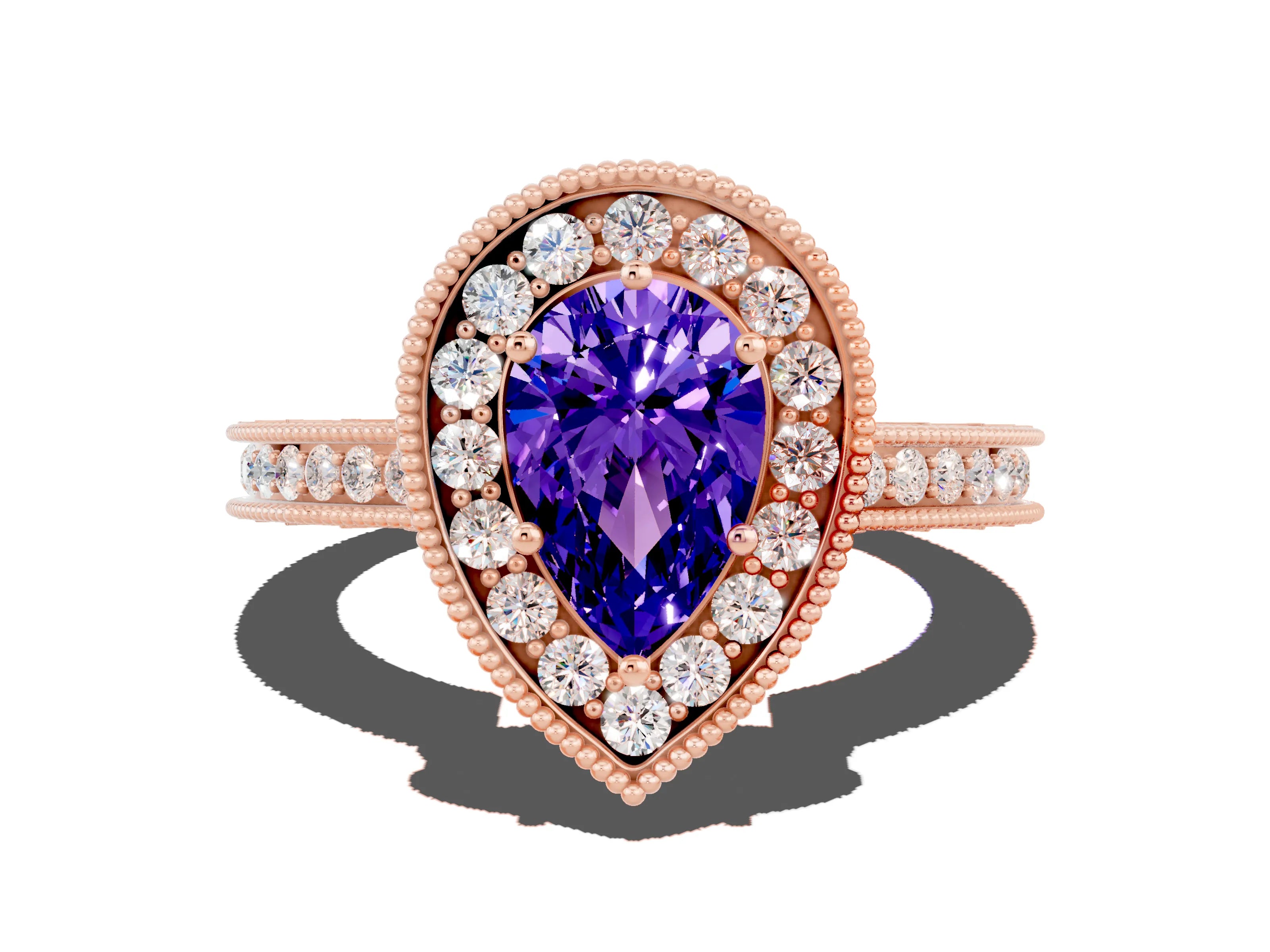 Rose gold Pear Cut Halo Diamond Engagement Ring with Milgrain Pave Band and Four-Prong Setting