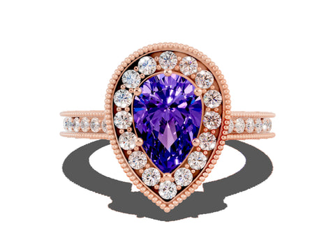 Rose gold Pear Cut Halo Diamond Engagement Ring with Milgrain Pave Band and Four-Prong Setting
