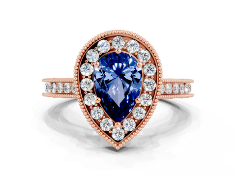 Rose gold Pear Cut Halo Diamond Engagement Ring with Milgrain Pave Band and Four-Prong Setting