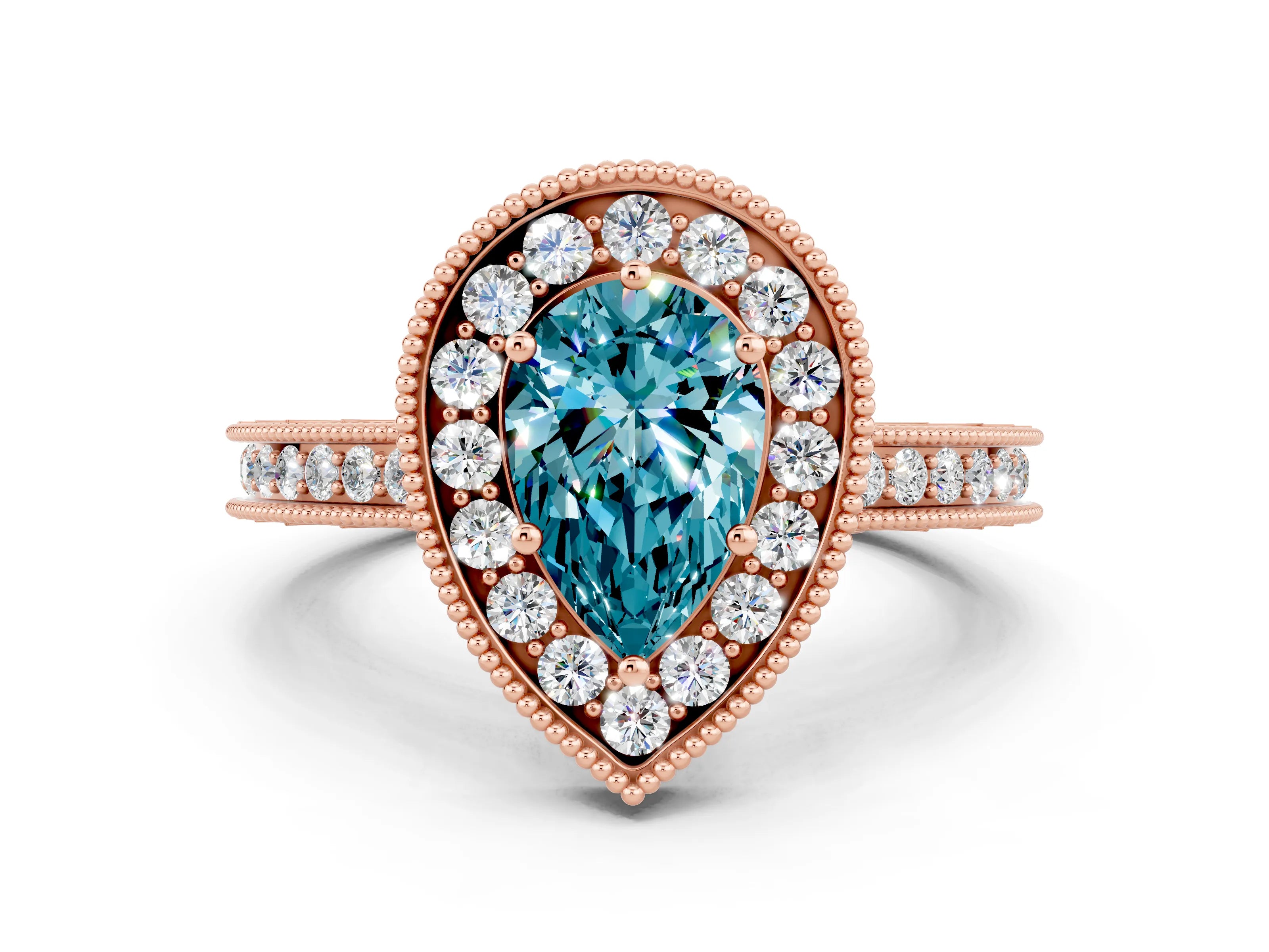Rose gold Pear Cut Halo Diamond Engagement Ring with Milgrain Pave Band and Four-Prong Setting