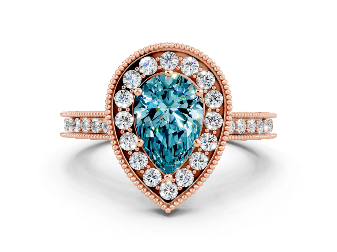 Rose gold Pear Cut Halo Diamond Engagement Ring with Milgrain Pave Band and Four-Prong Setting