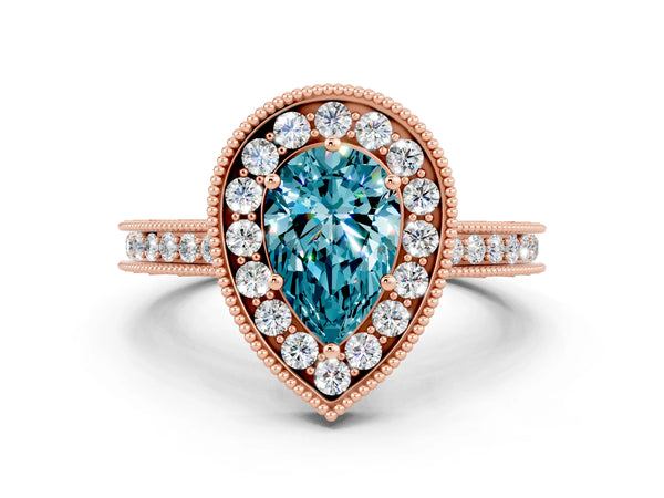 Rose gold Pear Cut Halo Diamond Engagement Ring with Milgrain Pave Band and Four-Prong Setting