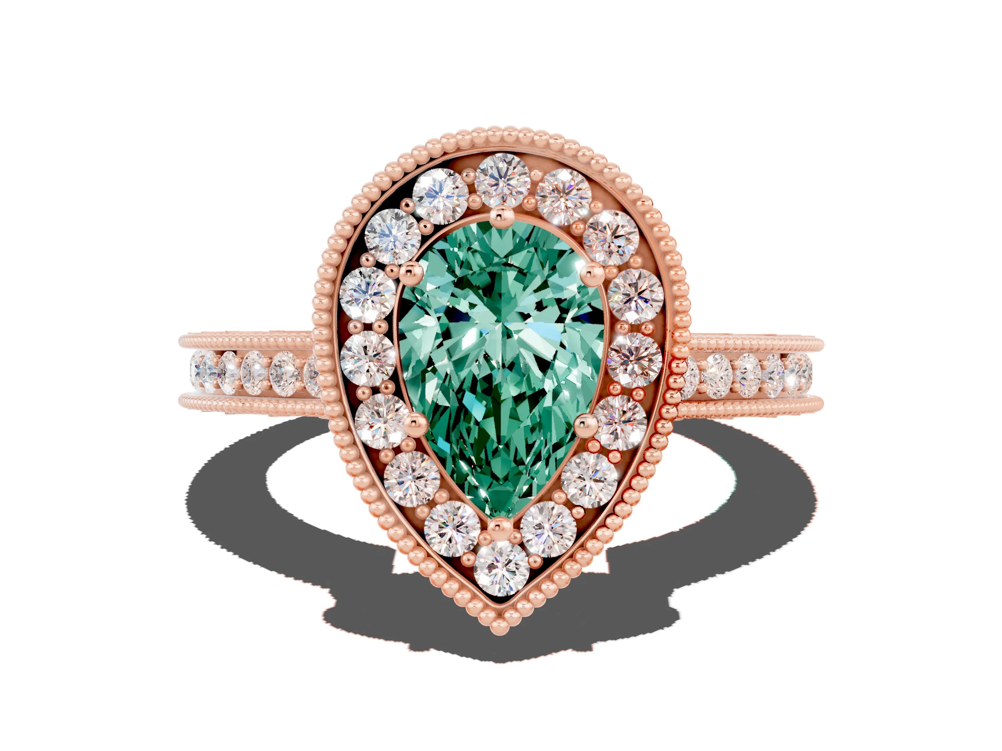 Rose gold Pear Cut Halo Diamond Engagement Ring with Milgrain Pave Band and Four-Prong Setting