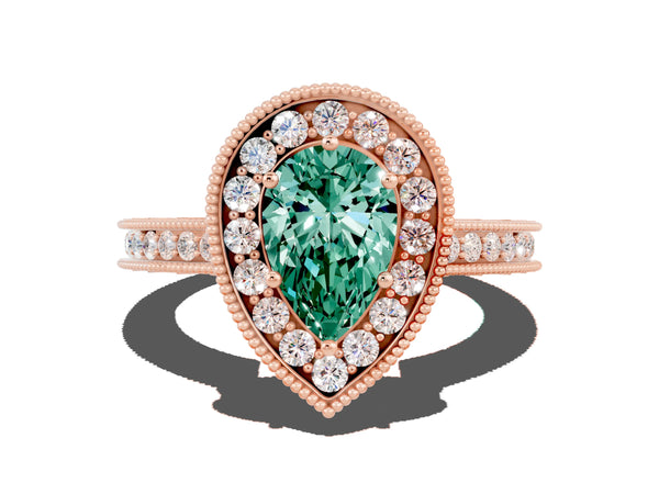 Rose gold Pear Cut Halo Diamond Engagement Ring with Milgrain Pave Band and Four-Prong Setting