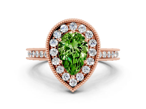 Rose gold Pear Cut Halo Diamond Engagement Ring with Milgrain Pave Band and Four-Prong Setting