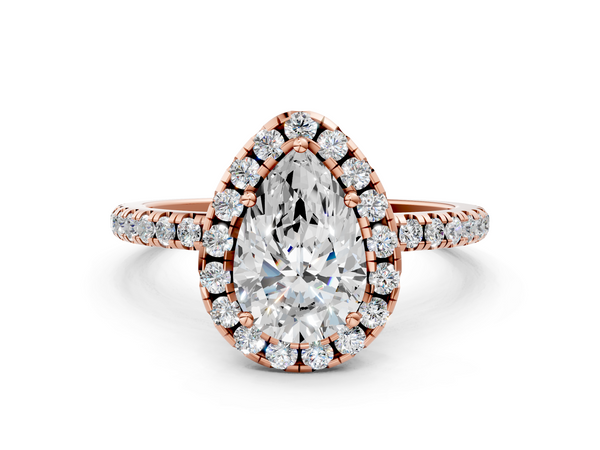 Rose gold Pear Cut Diamond Floral Halo Engagement Ring with Pavé Band and Prong Setting