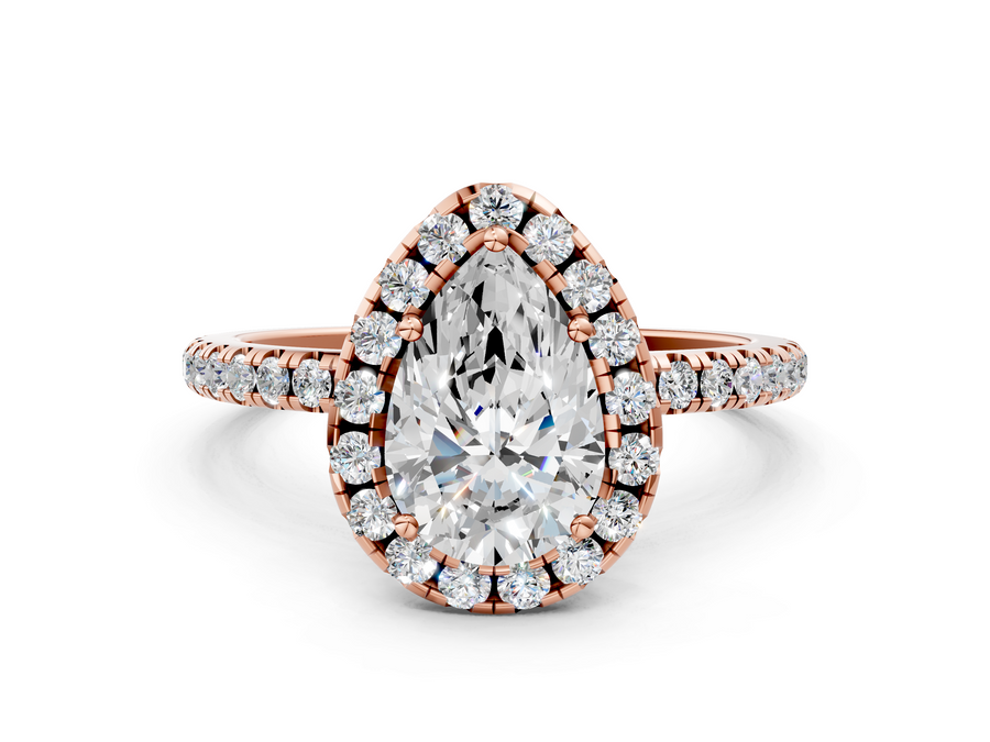 Rose gold Pear Cut Diamond Floral Halo Engagement Ring with Pavé Band and Prong Setting