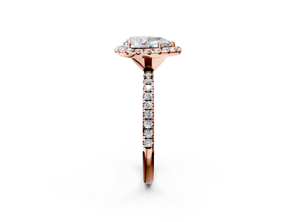 Rose gold Pear Cut Diamond Floral Halo Engagement Ring with Pavé Band and Prong Setting