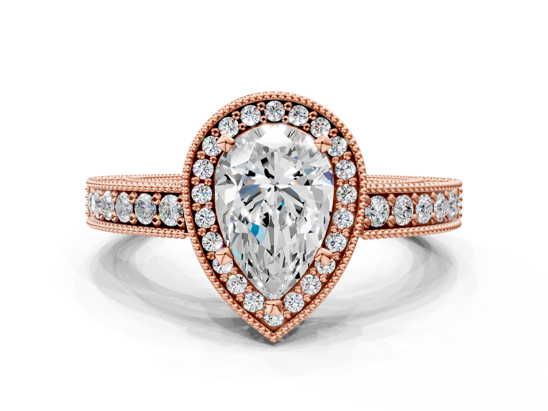 Rose gold Pear Cut Halo Diamond Pave Band Ring with Four-Prong Setting_61