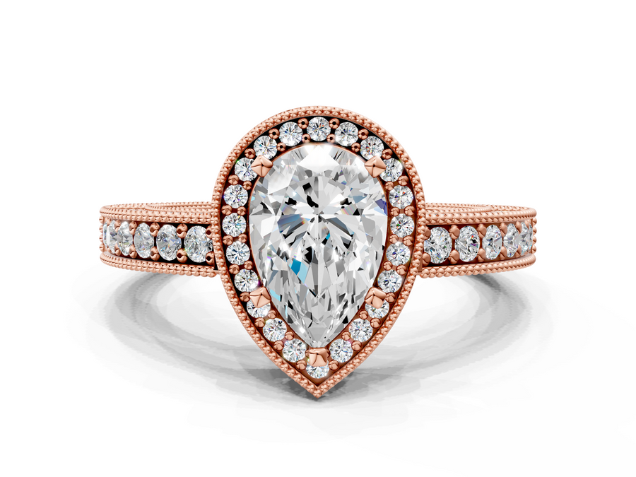 Rose gold Pear Cut Halo Diamond Pave Band Ring with Four-Prong Setting