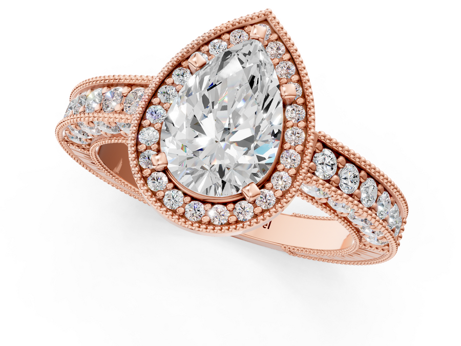 Rose gold Pear Cut Halo Diamond Pave Band Ring with Four-Prong Setting