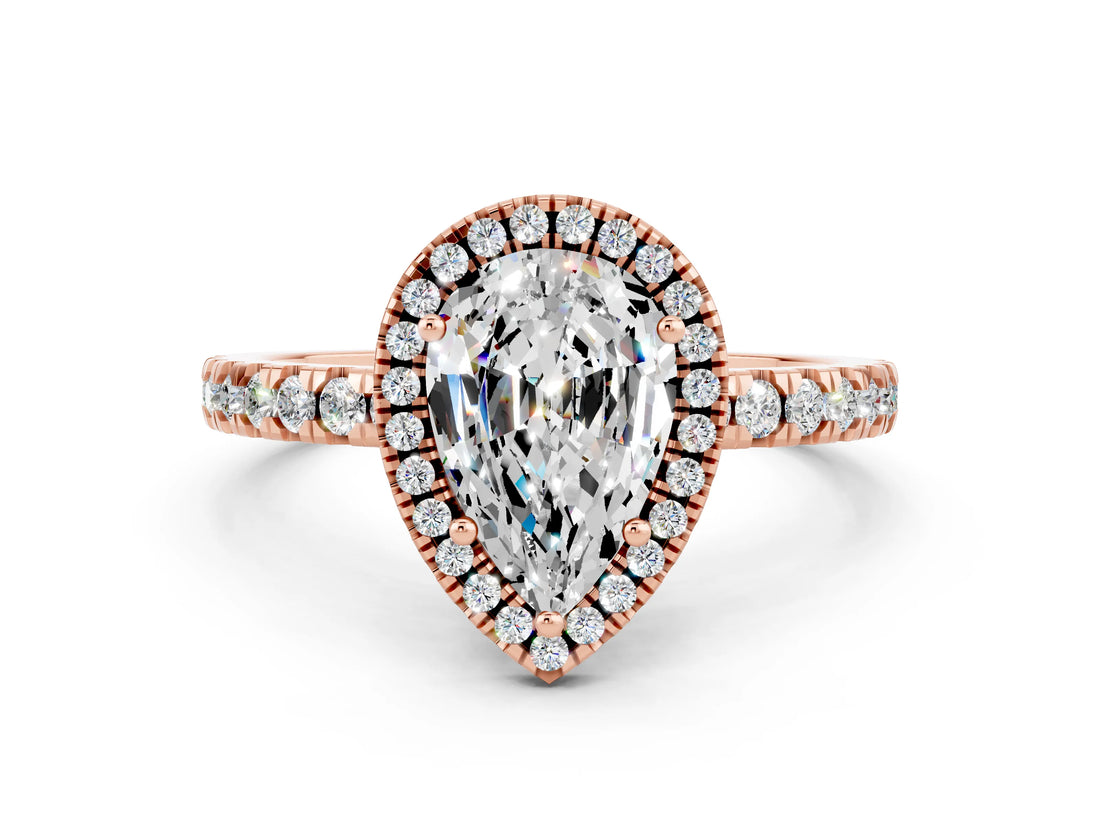 Rose gold Pear Cut Halo Diamond Pave Band with Prong Setting