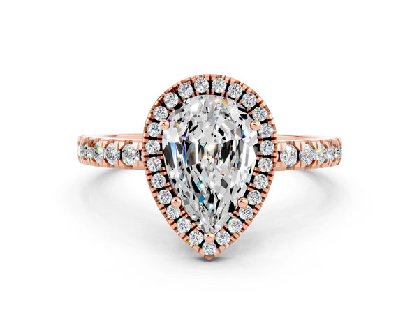 Rose gold Pear Cut Moissanite Classic Halo Engagement Ring with Round Pavé Band and Prong Setting