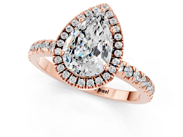 Rose gold Pear Cut Moissanite Classic Halo Engagement Ring with Round Pavé Band and Prong Setting