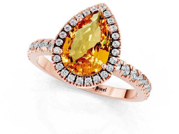 Rose gold Pear Cut Citrine Classic Halo Engagement Ring with Round Pavé Band and Prong Setting