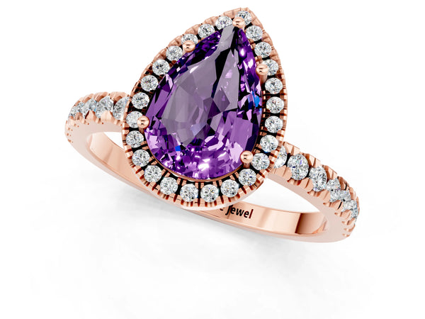 Rose gold Pear Cut Amethyst Classic Halo Engagement Ring with Round Pavé Band and Prong Setting