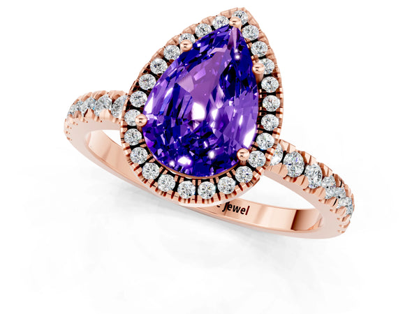 Rose gold Pear Cut Tanzanite Classic Halo Engagement Ring with Round Pavé Band and Prong Setting