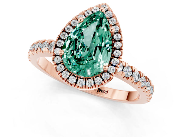 Rose gold Pear Cut Green Sapphire Classic Halo Engagement Ring with Round Pavé Band and Prong Setting