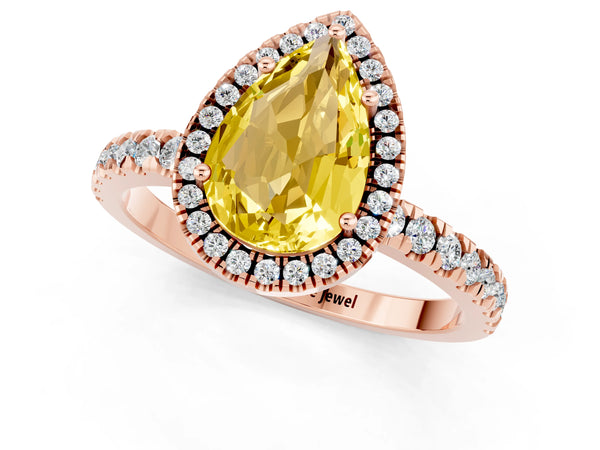 Rose gold Pear Cut Yellow Sapphire Classic Halo Engagement Ring with Round Pavé Band and Prong Setting