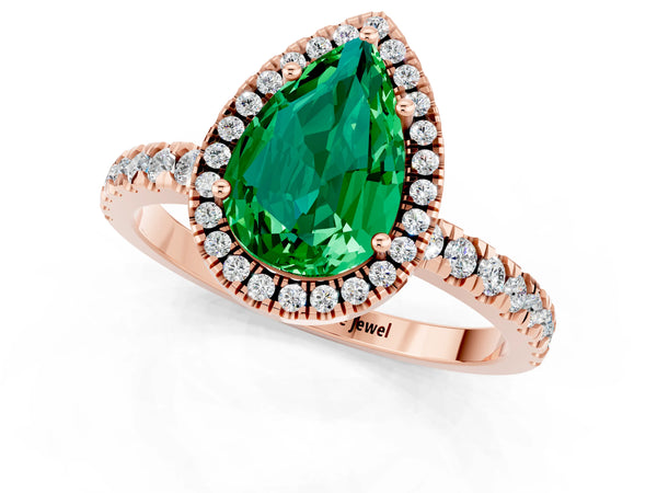 Rose gold Pear Cut Emerald Classic Halo Engagement Ring with Round Pavé Band and Prong Setting