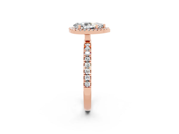 Rose gold Pear Cut Moissanite Classic Halo Engagement Ring with Round Pavé Band and Prong Setting