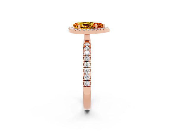 Rose gold Pear Cut Citrine Classic Halo Engagement Ring with Round Pavé Band and Prong Setting