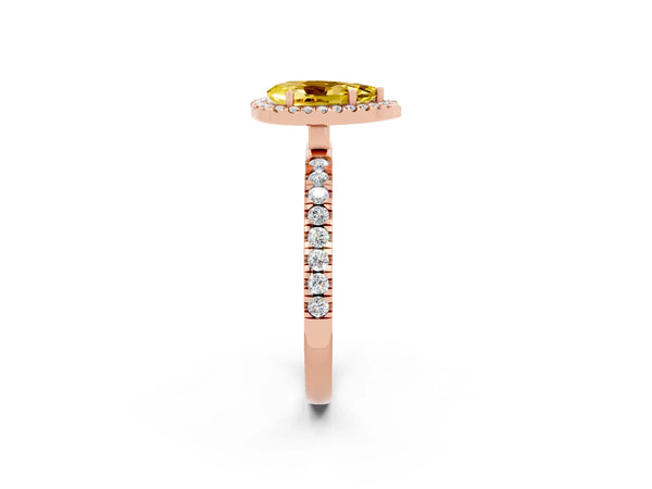 Rose gold Pear Cut Yellow Sapphire Classic Halo Engagement Ring with Round Pavé Band and Prong Setting