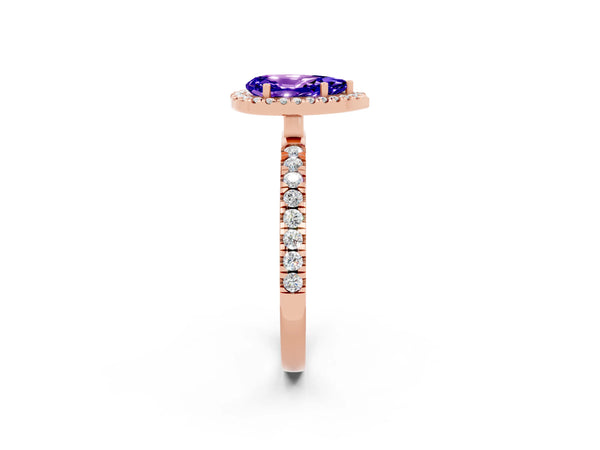 Rose gold Pear Cut Tanzanite Classic Halo Engagement Ring with Round Pavé Band and Prong Setting