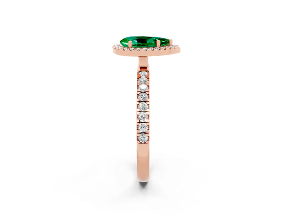 Rose gold Pear Cut Emerald Classic Halo Engagement Ring with Round Pavé Band and Prong Setting