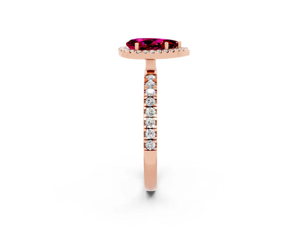 Rose gold Pear Cut Garnet Classic Halo Engagement Ring with Round Pavé Band and Prong Setting