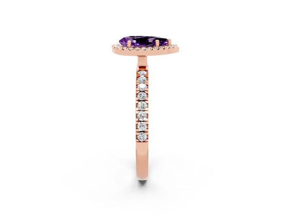 Rose gold Pear Cut Amethyst Classic Halo Engagement Ring with Round Pavé Band and Prong Setting