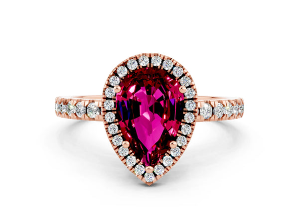 Rose gold Pear Cut Garnet Classic Halo Engagement Ring with Round Pavé Band and Prong Setting