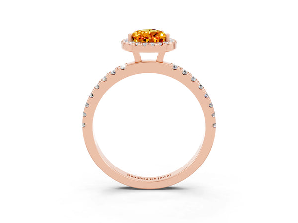 Rose gold Pear Cut Citrine Classic Halo Engagement Ring with Round Pavé Band and Prong Setting