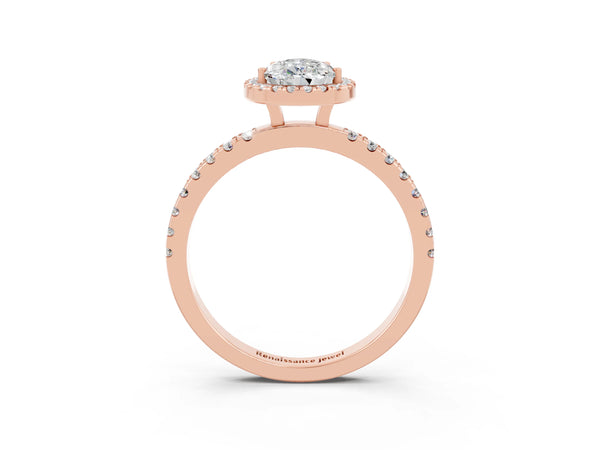 Rose gold Pear Cut Moissanite Classic Halo Engagement Ring with Round Pavé Band and Prong Setting
