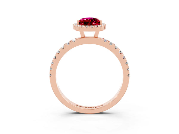 Rose gold Pear Cut Garnet Classic Halo Engagement Ring with Round Pavé Band and Prong Setting