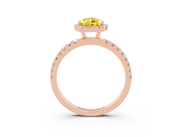 Rose gold Pear Cut Yellow Sapphire Classic Halo Engagement Ring with Round Pavé Band and Prong Setting