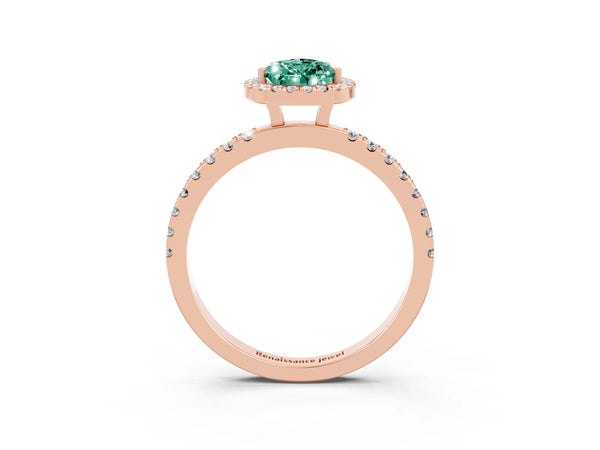 Rose gold Pear Cut Green Sapphire Classic Halo Engagement Ring with Round Pavé Band and Prong Setting