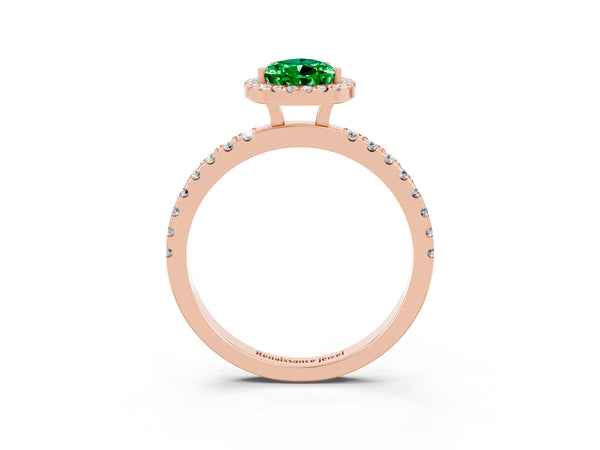 Rose gold Pear Cut Emerald Classic Halo Engagement Ring with Round Pavé Band and Prong Setting