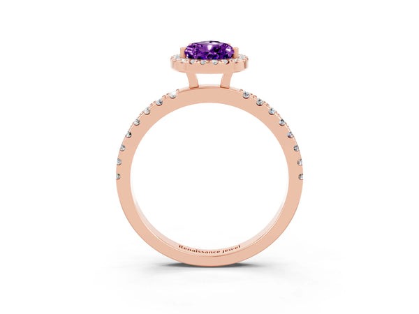 Rose gold Pear Cut Amethyst Classic Halo Engagement Ring with Round Pavé Band and Prong Setting