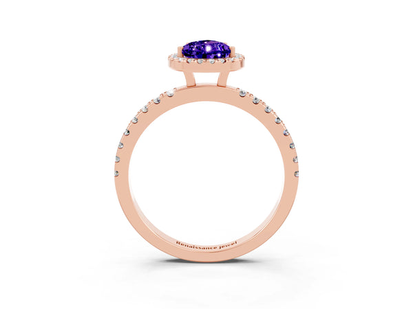 Rose gold Pear Cut Tanzanite Classic Halo Engagement Ring with Round Pavé Band and Prong Setting