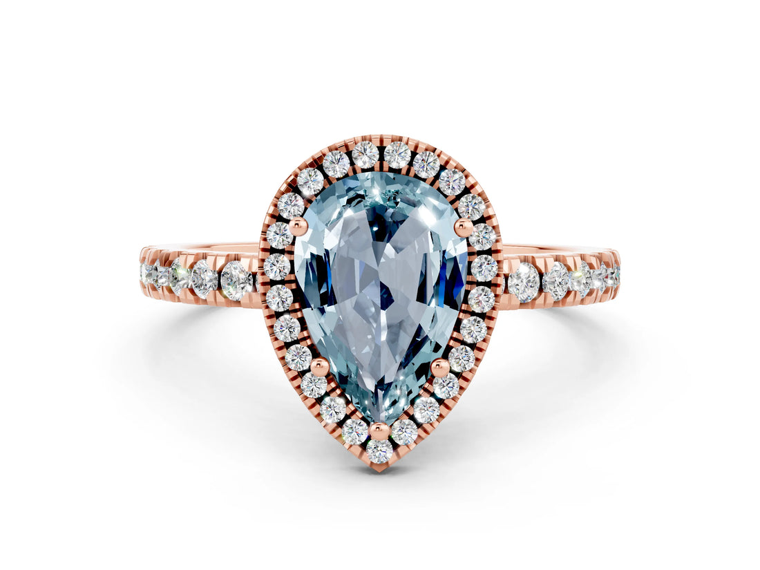 Rose gold Pear Cut Halo Diamond Pave Band with Prong Setting