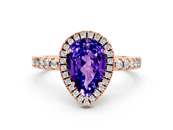 Rose gold Pear Cut Tanzanite Classic Halo Engagement Ring with Round Pavé Band and Prong Setting