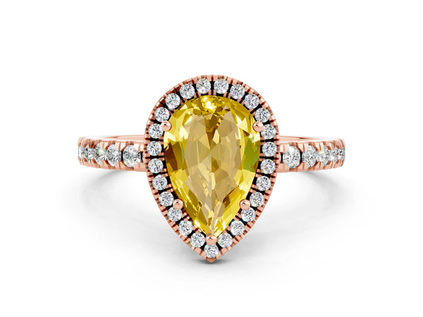 Rose gold Pear Cut Yellow Sapphire Classic Halo Engagement Ring with Round Pavé Band and Prong Setting