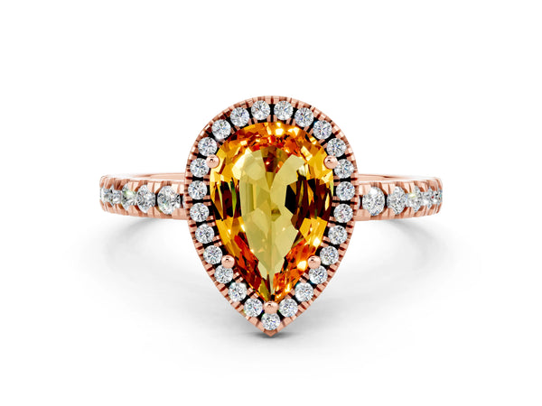 Rose gold Pear Cut Citrine Classic Halo Engagement Ring with Round Pavé Band and Prong Setting