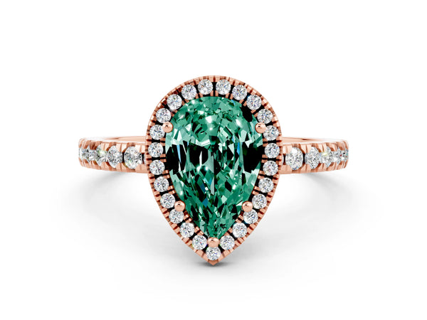 Rose gold Pear Cut Green Sapphire Classic Halo Engagement Ring with Round Pavé Band and Prong Setting